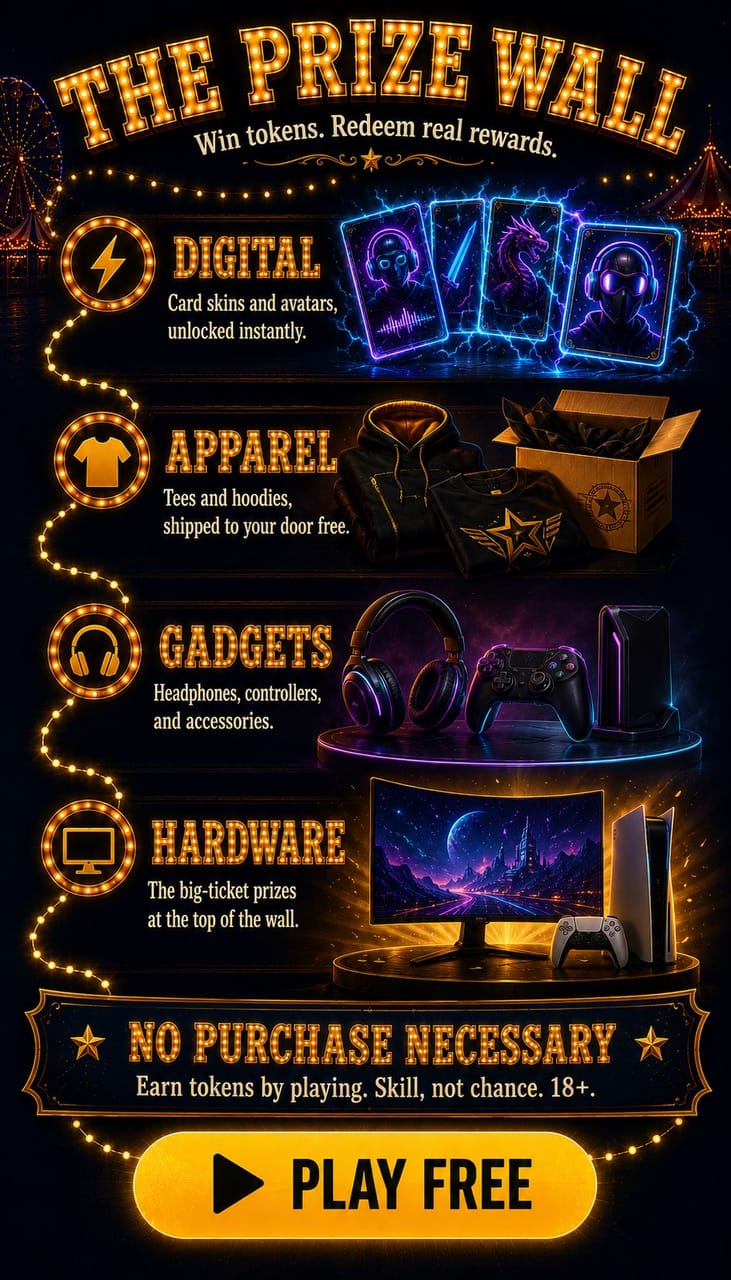 The VS Compete prize wall — digital, apparel, gadgets, and hardware redeemed with tokens.